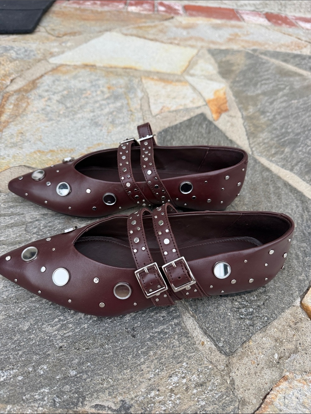 Free People Burgundy Studded Pointed Mary Jane Flats